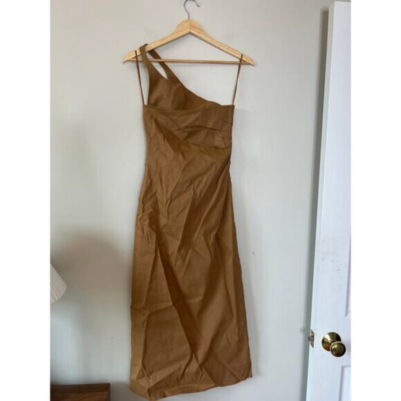 NEW A.L.C. Sylvie Linen Halter-Neckline Asymmetric Pleat Midi Dress Brown Size:2 - Picture 6 of 7